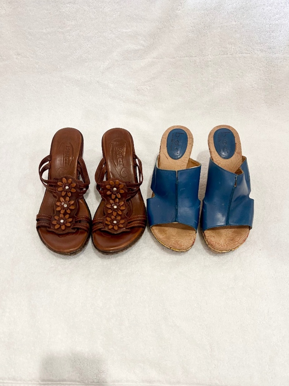 Lot of 2 Strappy Wedge Cork Platform Slip On Sandals Born b.o.c. Blue Brown sz 7